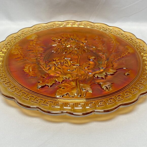 Imperial Carnival Glass Marigold Plate With Sunflower Design & Scalloped Edge - Picture 3 of 10